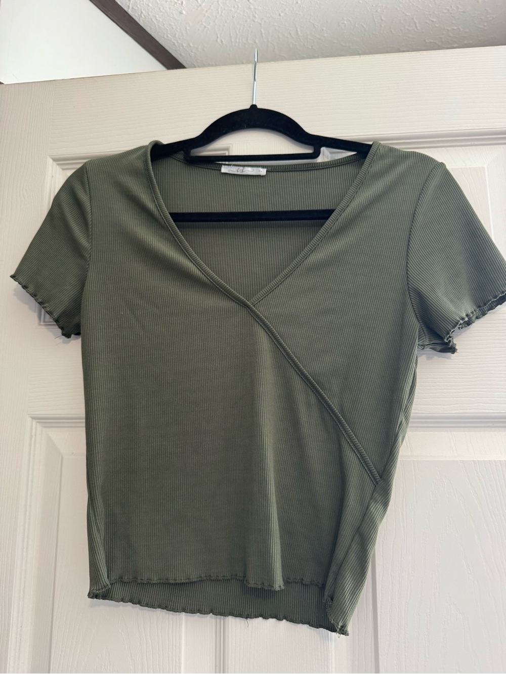 bobi Olive Green Ribbed V-Neck Wrap Crop Top